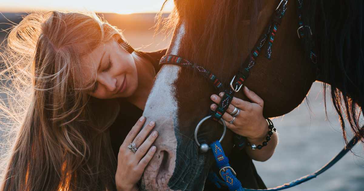 Affectionate woman embracing horse Affectionate woman embracing horse